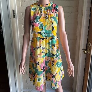 Loft size small yellow multi-color floral flowy summer dress with pockets